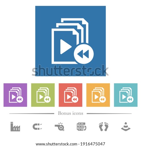 Playlist fast backward flat white icons in square backgrounds. 6 bonus icons included.