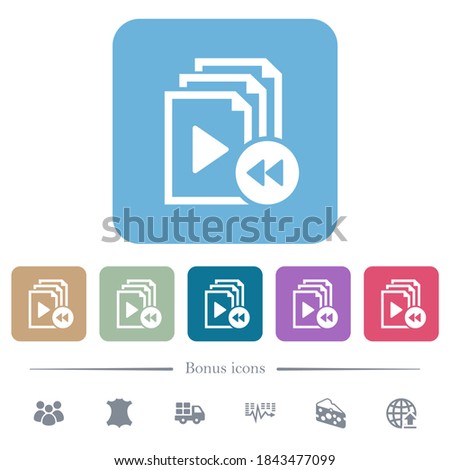 Playlist fast backward white flat icons on color rounded square backgrounds. 6 bonus icons included