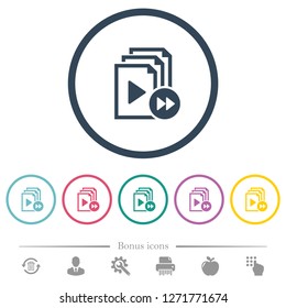 Playlist fast forward flat color icons in round outlines. 6 bonus icons included.