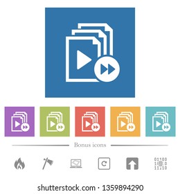 Playlist fast forward flat white icons in square backgrounds. 6 bonus icons included.