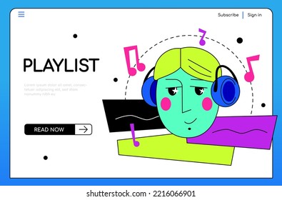 Playlist with favorite music - colorful flat design style illustration with linear elements. Neon colored composition with happy listener in big headphones. Favorite tunes, the power of art idea