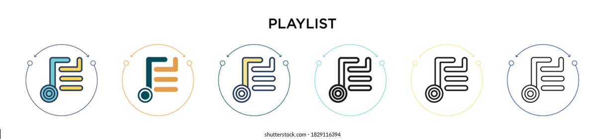 Playlist icon in filled, thin line, outline and stroke style. Vector illustration of two colored and black playlist vector icons designs can be used for mobile, ui, web