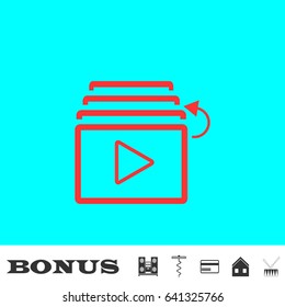 Playlist icon flat. Red pictogram on blue background. Vector illustration symbol and bonus buttons Music center, corkscrew, credit card, house, drum