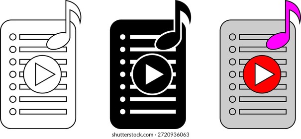 Conjunto de iconos de lista de reproducción con nota musical y Botón de reproducción en estilos de contorno, sólido y de color. Ilustración de lista de medios simple adecuada para App de música, plataformas de transmisión, reproductores de audio y diseño de interfaz de usuario