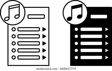Playlist Icons. Black and White Vector Illustration. Video or Audio Content Collection, List of Tracks. Music Concept