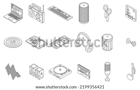 Playlist icons set. Isometric set of playlist vector icons outline thin lne isolated on white
