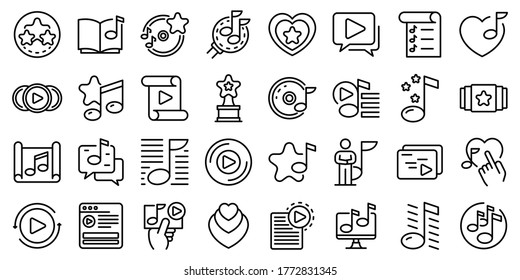 Playlist icons set. Outline set of playlist vector icons for web design isolated on white background