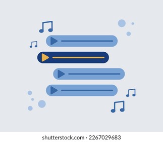 Playlist, list of selected compositions, concept of online music entertainment, music app. Flat cartoon style. Vector design. element