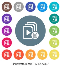 Playlist properties flat white icons on round color backgrounds. 17 background color variations are included.