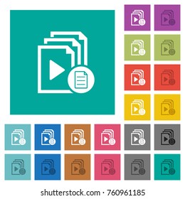 Playlist properties multi colored flat icons on plain square backgrounds. Included white and darker icon variations for hover or active effects.