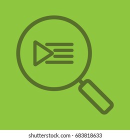 Playlist search linear icon. Magnifying glass. Thick line outline symbols on color background. Vector illustration