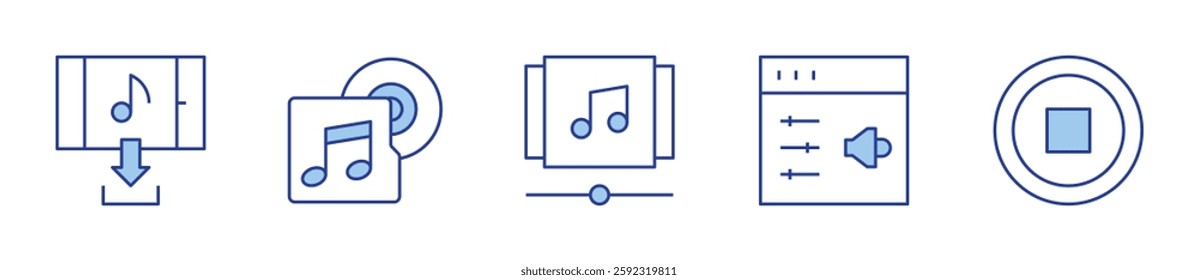 playlist, settings, download, music album, stop. Multimedia Icon vector illustration. Line Duotone style. Editable stroke.