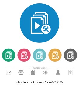 Herramientas de lista de reproducción iconos blancos planos en fondos de color redondo. 6 iconos de bonificación incluidos.
