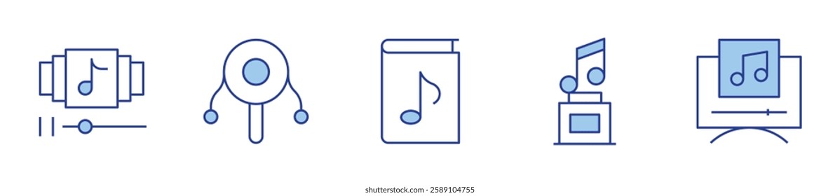 playlist, trophy, music player, rattle drum, music. Music Icon vector illustration. Line Duotone style. Editable stroke.