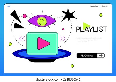 Playlist and video - colorful flat design style illustration with linear elements. Neon colored composition with large play button, mesmerizing pupil eye and fast forward and rewind keys. Media idea