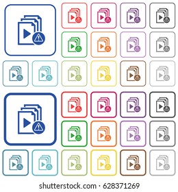 Playlist warning color flat icons in rounded square frames. Thin and thick versions included.