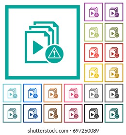 Playlist warning flat color icons with quadrant frames on white background