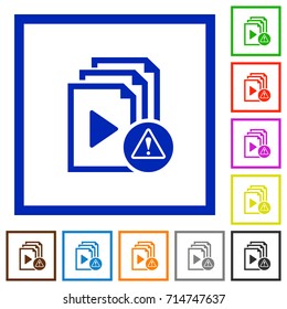 Playlist warning flat color icons in square frames on white background