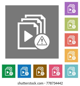 Playlist warning flat icons on simple color square backgrounds