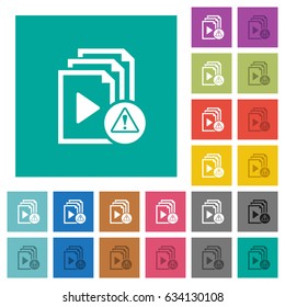 Playlist warning multi colored flat icons on plain square backgrounds. Included white and darker icon variations for hover or active effects.