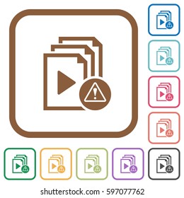 Playlist warning simple icons in color rounded square frames on white background