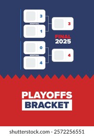 Playoffs bracket. Playoffs grid. Sport tournament bracket. Game and competition schedule. Season final. Team and players. Championship winner. Match score. Vector poster