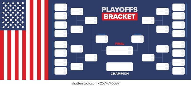 Playoffs bracket. Playoffs grid. Sport tournament bracket. Game and competition schedule. Season final. Team and players. Championship winner. Match score. Vector poster