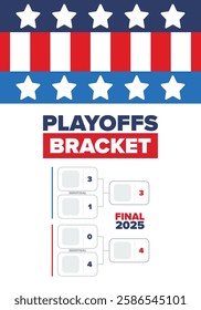 Playoffs bracket. Playoffs grid. Sport tournament bracket. Game and competition schedule. Season final. Team and players. Championship winner. Match score. Vector poster