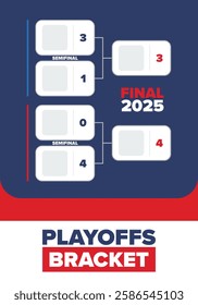 Playoffs bracket. Playoffs grid. Sport tournament bracket. Game and competition schedule. Season final. Team and players. Championship winner. Match score. Vector poster