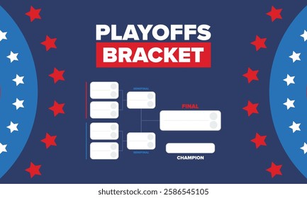 Playoffs bracket. Playoffs grid. Sport tournament bracket. Game and competition schedule. Season final. Team and players. Championship winner. Match score. Vector poster