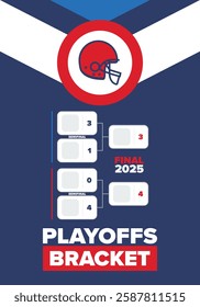 Playoffs bracket. Playoffs grid. Sport tournament bracket. Game and competition schedule. Season final. Team and players. Championship winner. Match score. Vector poster