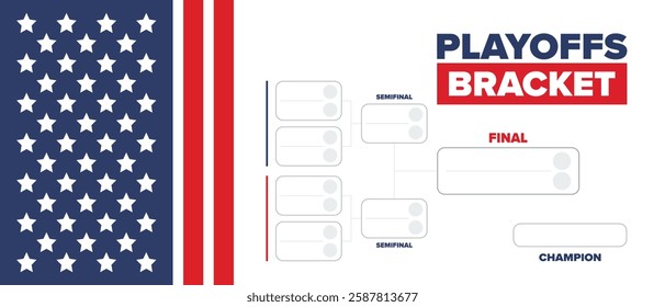 Playoffs bracket. Playoffs grid. Sport tournament bracket. Game and competition schedule. Season final. Team and players. Championship winner. Match score. Vector poster