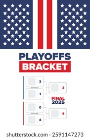 Playoffs bracket. Playoffs grid. Sport tournament bracket. Game and competition schedule. Season final. Team and players. Championship winner. Match score. Vector poster