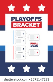 Playoffs bracket. Playoffs grid. Sport tournament bracket. Game and competition schedule. Season final. Team and players. Championship winner. Match score. Vector poster