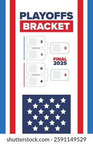 Playoffs bracket. Playoffs grid. Sport tournament bracket. Game and competition schedule. Season final. Team and players. Championship winner. Match score. Vector poster