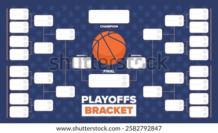 Playoffs bracket. Playoffs grid. Sport tournament bracket. Game and competition schedule. Season final. Team and players. Championship winner. Match score. Vector poster