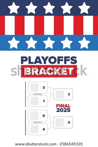 Playoffs bracket. Playoffs grid. Sport tournament bracket. Game and competition schedule. Season final. Team and players. Championship winner. Match score. Vector poster
