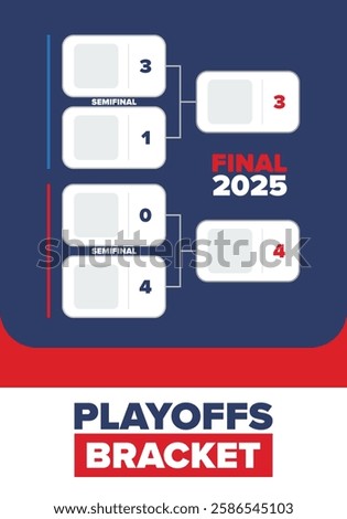 Playoffs bracket. Playoffs grid. Sport tournament bracket. Game and competition schedule. Season final. Team and players. Championship winner. Match score. Vector poster