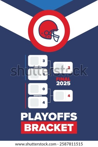 Playoffs bracket. Playoffs grid. Sport tournament bracket. Game and competition schedule. Season final. Team and players. Championship winner. Match score. Vector poster