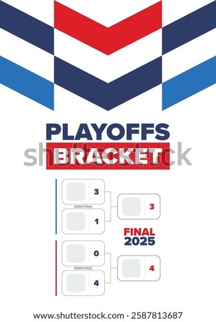 Playoffs bracket. Playoffs grid. Sport tournament bracket. Game and competition schedule. Season final. Team and players. Championship winner. Match score. Vector poster