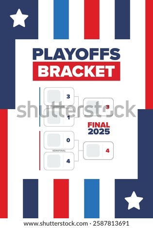 Playoffs bracket. Playoffs grid. Sport tournament bracket. Game and competition schedule. Season final. Team and players. Championship winner. Match score. Vector poster