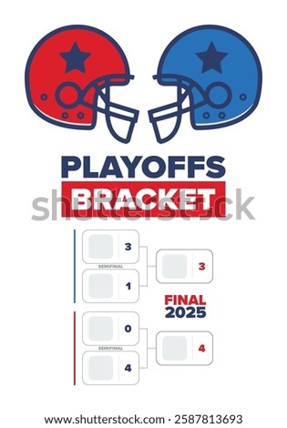 Playoffs bracket. Playoffs grid. Sport tournament bracket. Game and competition schedule. Season final. Team and players. Championship winner. Match score. Vector poster