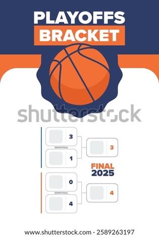 Playoffs bracket. Playoffs grid. Sport tournament bracket. Game and competition schedule. Season final. Team and players. Championship winner. Match score. Vector poster