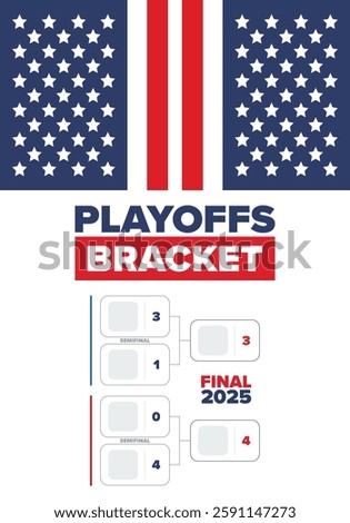 Playoffs bracket. Playoffs grid. Sport tournament bracket. Game and competition schedule. Season final. Team and players. Championship winner. Match score. Vector poster