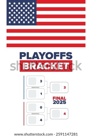 Playoffs bracket. Playoffs grid. Sport tournament bracket. Game and competition schedule. Season final. Team and players. Championship winner. Match score. Vector poster