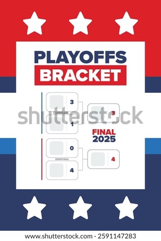 Playoffs bracket. Playoffs grid. Sport tournament bracket. Game and competition schedule. Season final. Team and players. Championship winner. Match score. Vector poster