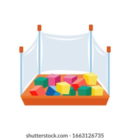 Playpen the children play zone element with colorful cubes flat cartoon vector illustration isolated on white background. Equipment for amusement park or kids playground.