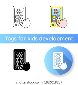 Playphone icon. Pretend telephone for toddlers. Interactive toy phone for children. Language and sensory skills development toys. Linear black and RGB color styles. Isolated vector illustrations