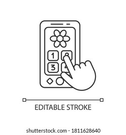 Icono lineal perfecto del píxel de reproducción. Prefiere el teléfono para los niños pequeños. Teléfono interactivo de juguete. Ilustración personalizable de línea delgada. Símbolo de contorno. Dibujo de contorno aislado del vector. Trazo editable