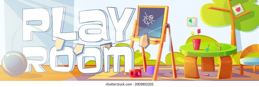 Playroom Banner With Furniture And Toys For Kids. Vector Poster Of Kindergarten Or Daycare Center With Cartoon Interior Of Empty Nursery Room With Blackboard For Children Drawing, Table And Chair